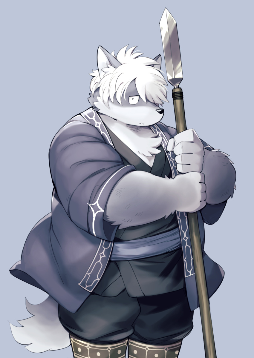 2022 anthro asian_clothing black_nose canid canine canis clothed clothing east_asian_clothing grey_body hi_res humanoid_hands japanese_clothing kemono kinoshita-jiroh male mammal overweight overweight_male simple_background solo the_spicy_ninja_scrolls weapon white_body wolf