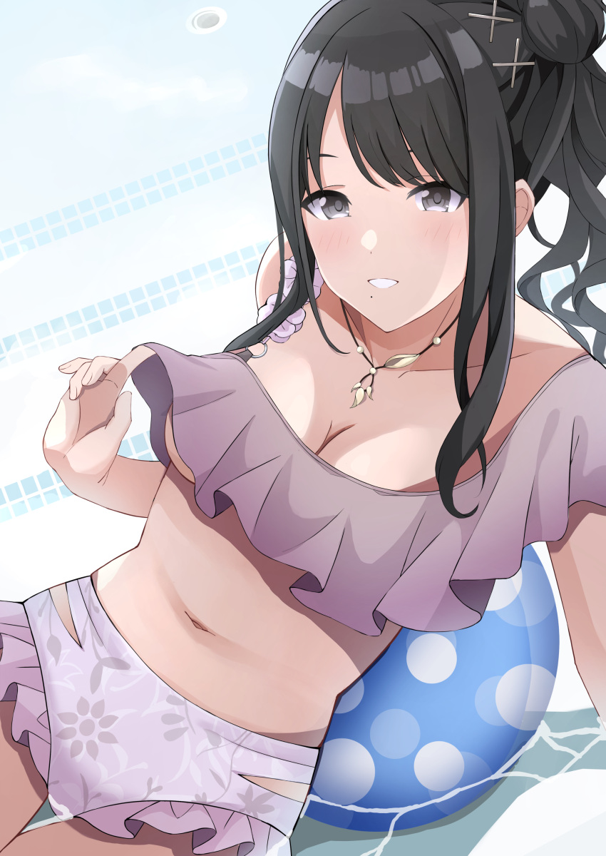 1girl absurdres ball beachball bikini black_eyes black_hair breasts cleavage clothes_lift eyebrows_hidden_by_hair frilled_bikini frills hair_ornament highres idolmaster idolmaster_shiny_colors jewelry kazano_hiori long_hair looking_at_viewer medium_breasts midriff mole mole_under_mouth navel necklace parted_lips ponytail solo swimsuit swimsuit_lift tukikataumemo underboob water x_hair_ornament