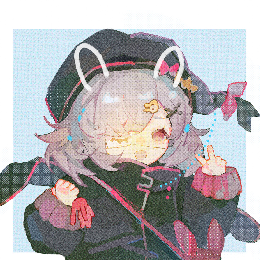 1girl :d arknights black_headwear black_jacket blue_background bunny_hair_ornament drawn_ears eyepatch grey_hair hair_ornament hairclip hands_up highres jacket long_sleeves popukar_(arknights) puffy_long_sleeves puffy_sleeves red_eyes shuiyixiaoya sleeves_past_wrists smile solo two-tone_background upper_body v white_background x_hair_ornament