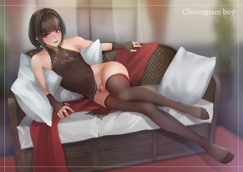 1boy bare_shoulders black_hair black_lips brown_eyes chastity_cage china_dress chinese_clothes couch dress earrings eyeshadow gothic jewelry lipstick makeup male_focus multicolored_hair nail_polish navel on_couch original otoko_no_ko pink_nails red_eyeshadow short_hair smile solo steamed_egg streaked_hair thighhighs