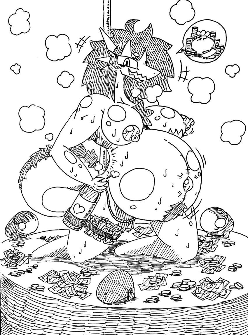 &lt;3 ambiguous_penetration anthro areola armpit_tuft belly belly_tuft big_belly big_breasts bodily_fluids breasts chest_tuft claws coin dragon eyelashes female furred_tail hage hair hi_res hyper hyper_belly inflation money money_bag money_in_thigh_highs monochrome navel nipples open_mouth outie_navel penetration pole puffy_nipples smoke solo speech_bubble stripper_pole sweat tuft