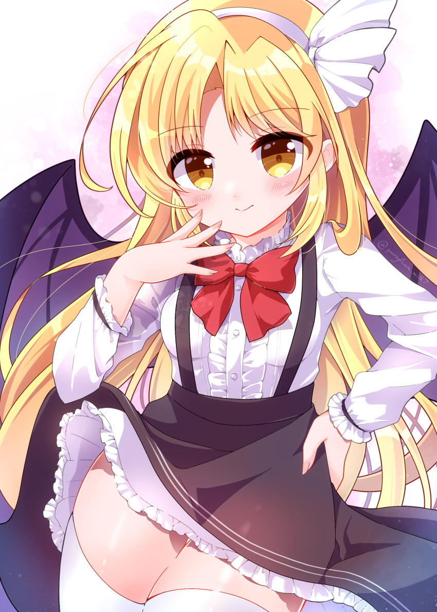 1girl absurdres bat_wings black_wings blonde_hair blush bow frills hairband hand_on_hip highres kurumi_(touhou) long_hair long_sleeves red_bow shirt skirt solo suspender_skirt suspenders thighhighs touhou touhou_(pc-98) white_shirt wings yurufuwa_milk