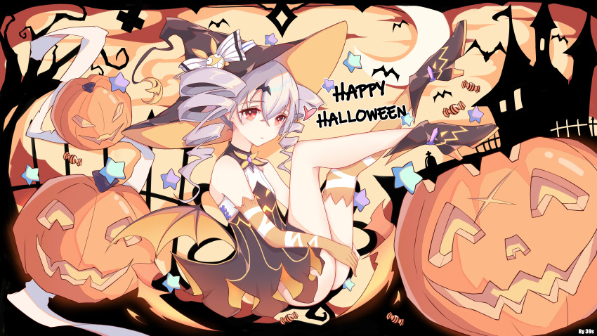 1girl 39s absurdres artist_name ass bangs black_dress black_footwear bronya_zaychik bronya_zaychik_(snowy_sniper) closed_mouth dress drill_hair full_body gloves grey_eyes grey_hair halloween halloween_costume happy_halloween hat highres homu_(honkai_impact) honkai_(series) honkai_impact_3rd looking_at_viewer moon no_panties orange_sky outdoors pumpkin single_glove single_thighhigh sky sleeveless sleeveless_dress solo thighhighs twin_drills witch witch_hat