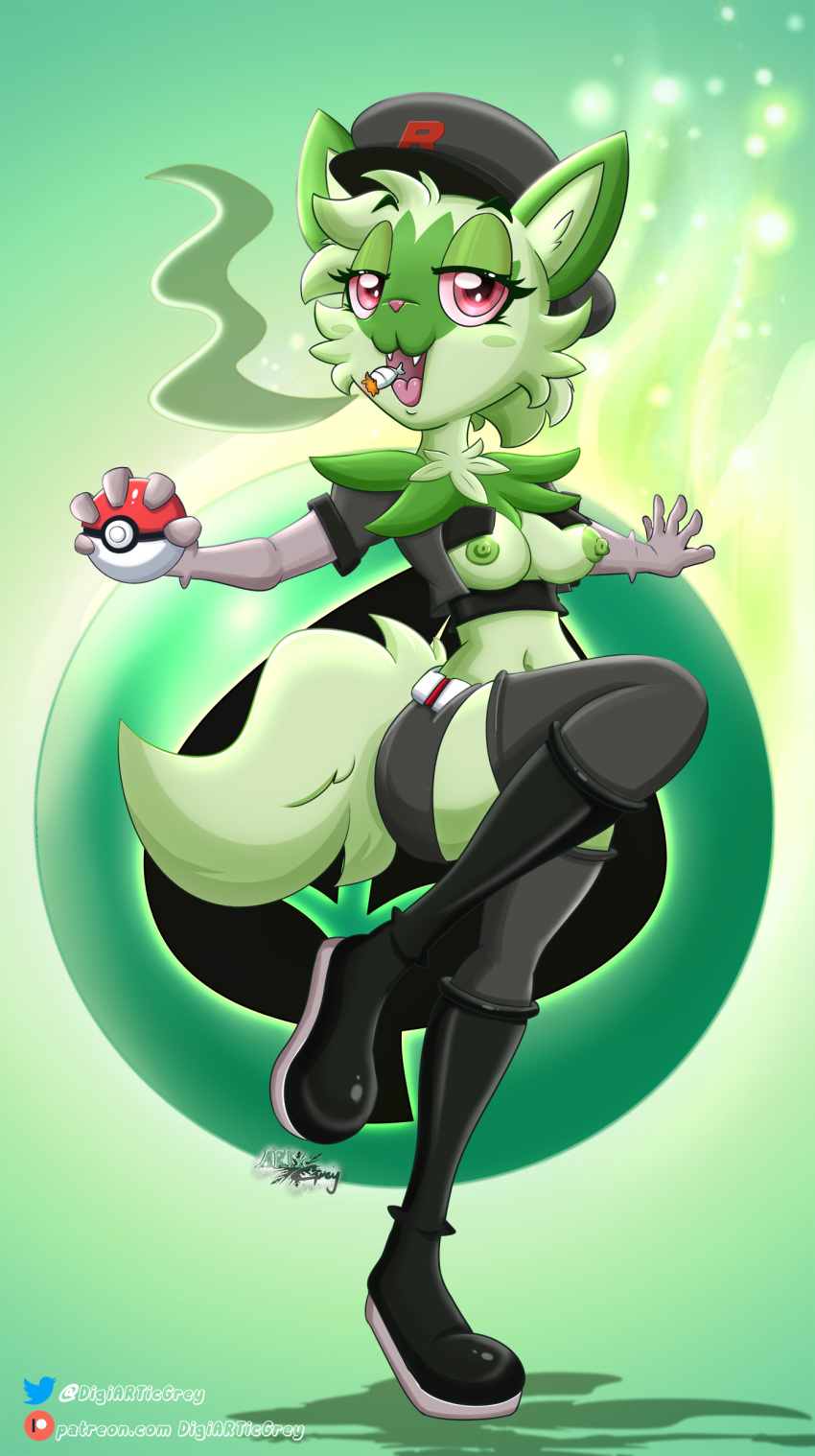 absurd_res anthro breasts clothed clothing digiarticgrey female green_body hat headgear headwear hi_res holding_object legwear looking_at_viewer nintendo nipples pok&eacute;ball pok&eacute;mon pok&eacute;mon_(species) pok&eacute;morph smoke solo sprigatito video_games