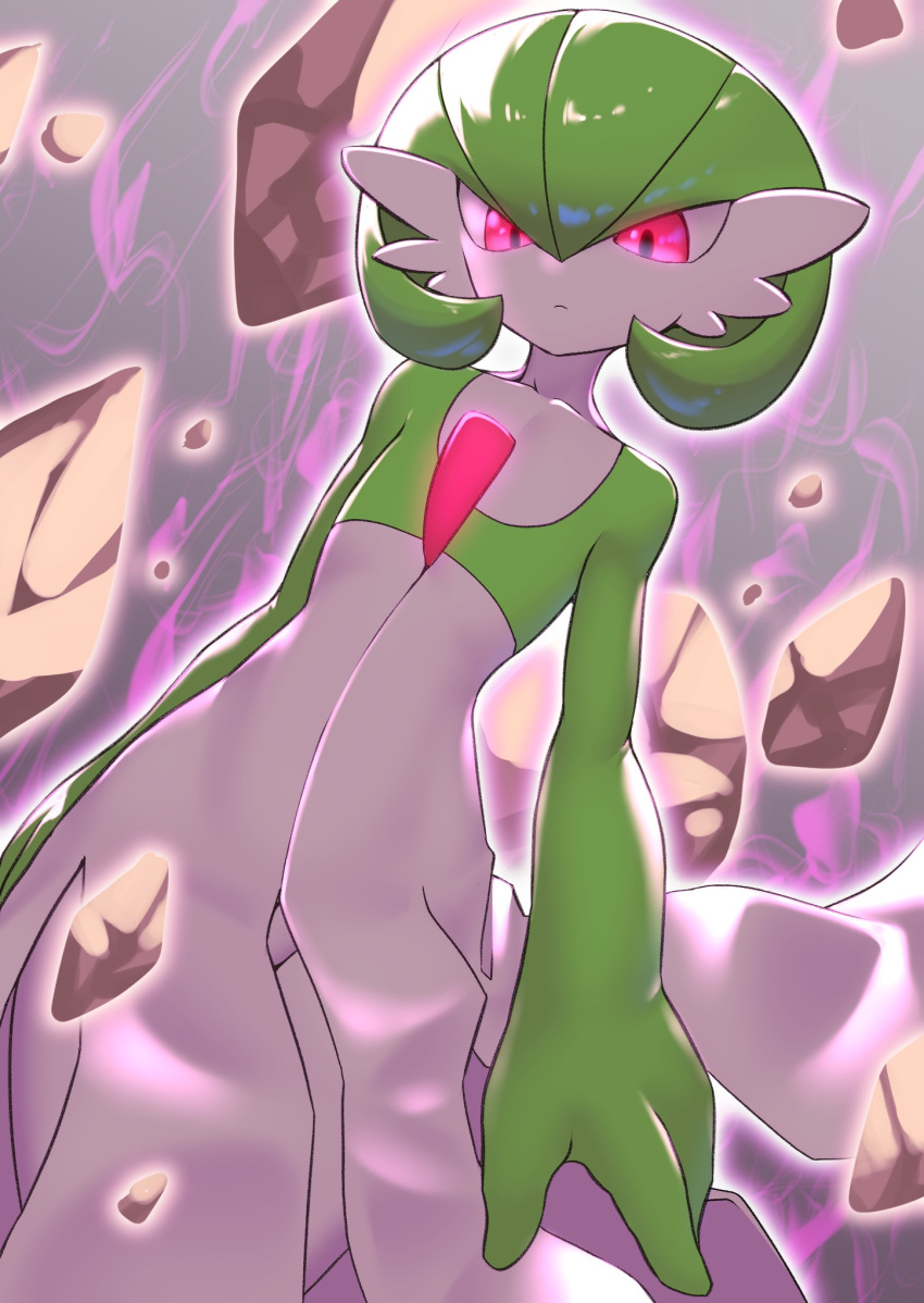 closed_mouth colored_skin commentary_request gardevoir glowing green_hair grey_background highres looking_down pero_(pero7762) pink_eyes pokemon pokemon_(creature) rock solo white_skin