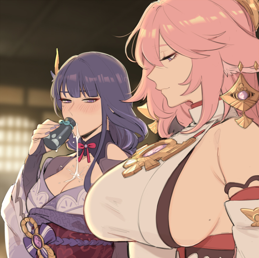 2girls animal_ears bare_shoulders blurry blurry_background blush bottle breast_envy breasts cleavage closed_mouth detached_sleeves drinking earrings genshin_impact hair_ornament highres holding holding_bottle japanese_clothes jewelry kimono large_breasts long_hair looking_at_breasts maiqo meme mole mole_on_breast mole_under_eye multiple_girls obi pectoral_envy_(meme) pink_hair purple_eyes purple_hair purple_kimono raiden_shogun sash sideboob smile spilling yae_miko yuri