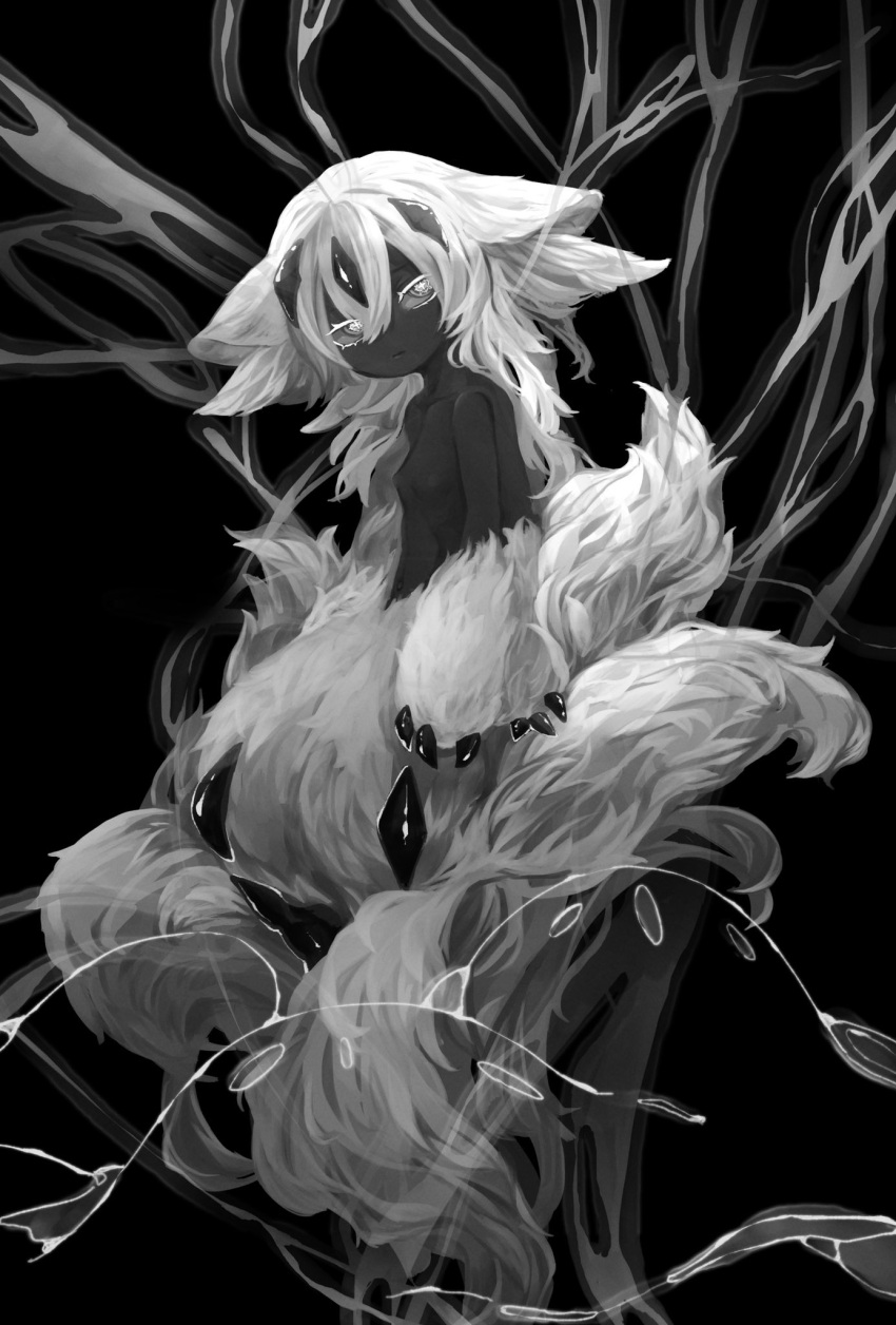 1girl animal_ear_fluff animal_ears arms_at_sides body_fur breasts claws closed_mouth collarbone creature cross-shaped_pupils dark dark-skinned_female dark_skin expressionless extra_arms faputa fewer_digits full_body greyscale hair_between_eyes head_tilt highres ingen_ab long_hair looking_at_viewer looking_to_the_side made_in_abyss monochrome multiple_tails navel nude outie_navel small_breasts solo symbol-shaped_pupils tail