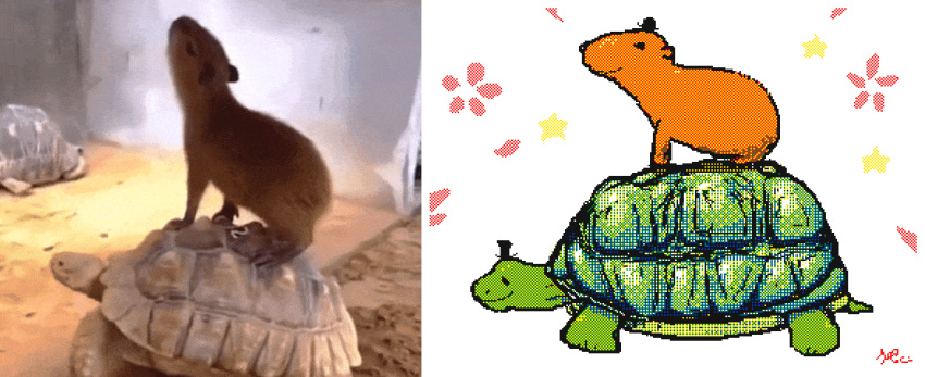 2022 ambiguous_gender animated capybara caviid clothing feral fur green_body green_tail group hat headgear headwear keke_(artist) mammal orange_body red_text reptile rodent scalie side_view signature size_difference text top_hat turtle walking