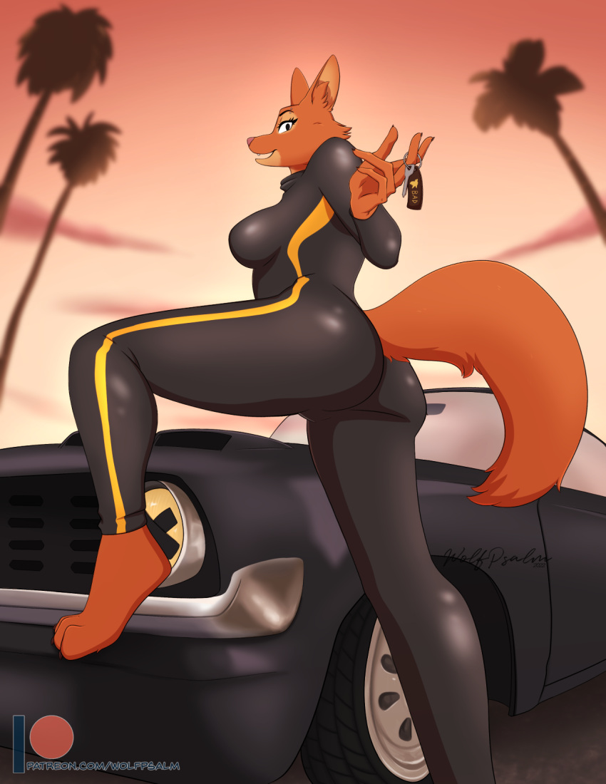 2022 5_fingers anthro barefoot bodysuit breasts butt canid canine car car_keys claws clothing diane_foxington digitigrade dreamworks fangs feet female finger_claws fingers fox fur hi_res hindpaw humanoid_hands key looking_at_viewer looking_back looking_back_at_viewer mammal open_mouth open_smile orange_body orange_fur outside palm_tree paws pink_nose pinup plant pose rear_view signature skinsuit smile solo text the_bad_guys tight_clothing toes tree url vehicle wolfpsalm