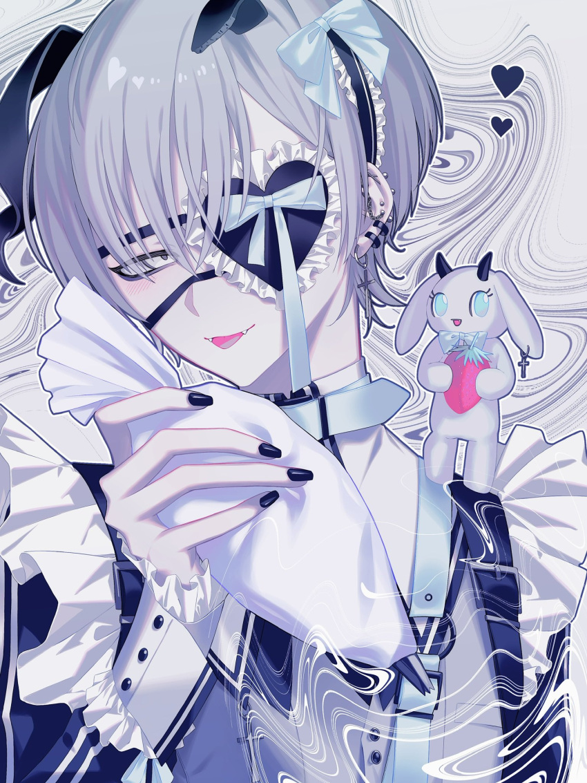 1boy alare32446233 bangs belt bishounen black_nails blush ear_piercing earrings eyepatch fangs frilled_eyepatch frilled_sleeves frills grey_eyes heart heart_eyepatch highres holding jewelry long_sleeves looking_at_viewer maid male_focus o-ring o-ring_belt original piercing short_hair sleeve_cuffs solo upper_body white_hair