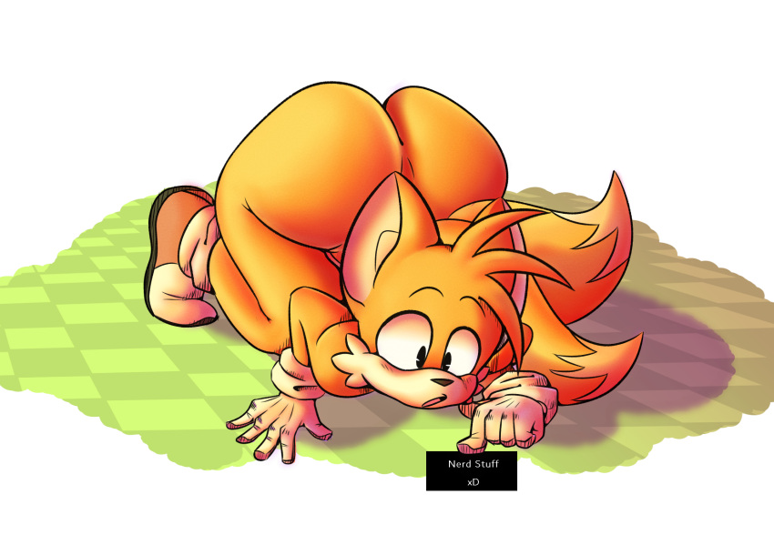 2_tails anthro ass_up big_butt big_ears black_eyes black_nose butt canid canine clothing curious doggostar footwear fox fur hi_res huge_butt male mammal miles_prower multi_tail nude sega shoes solo sonic_the_hedgehog_(series) text wide_hips yellow_body yellow_fur