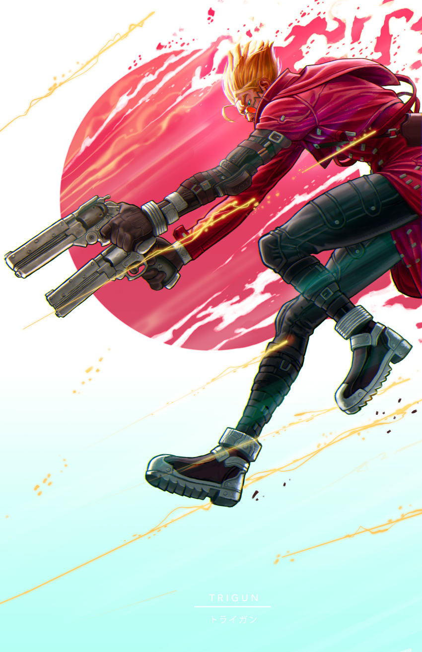1boy absurdres aiming aqua_eyes black_gloves black_pants blonde_hair boots coat cowboy_shot cowboy_western dual_wielding earrings elbow_pads gloves grin gun high_collar highres holding holding_gun holding_weapon jewelry knee_pads koteriink long_coat looking_at_viewer male_focus pants profile red_coat revolver science_fiction smile spiked_hair sunglasses torn_clothes torn_coat trigun vash_the_stampede weapon white_background