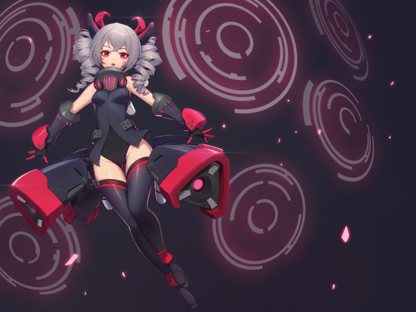 1girl absurdres bangs bare_shoulders black_background black_gloves black_thighhighs boots breasts bronya_zaychik bronya_zaychik_(black_nucleus) dkxlek drill_hair full_body glint gloves grey_hair hair_between_eyes highres honkai_(series) honkai_impact_3rd leotard looking_at_viewer open_mouth red_eyes small_breasts solo thigh_boots thighhighs twin_drills