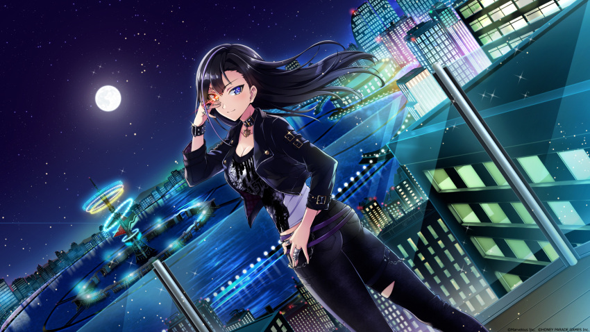 1girl black_hair black_jacket black_pants black_shirt blue_eyes breasts chuunibyou denim dolphin_wave dutch_angle feet_out_of_frame from_behind full_moon game_cg glowing glowing_eye hand_over_eye heterochromia highres jacket jeans kurose_minami large_breasts leather leather_jacket long_hair looking_at_viewer moon night official_art pants shirt solo torn_clothes torn_jeans torn_pants