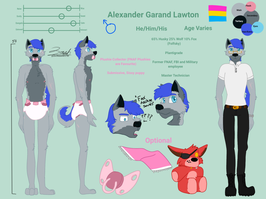 2022 anthro aviator_glasses bedding blanket blue_body blue_eyes blue_fur blue_hair blue_markings boots bottomwear boxers_(clothing) canid canine canis clock clothed clothing confusion countershading curled_tail diaper diaper_fetish digital_drawing_(artwork) digital_media_(artwork) domestic_dog eyewear five_nights_at_freddy's footwear fox foxy_(fnaf) fur gender_symbol girly glasses gloves grey_body grey_fur grey_markings hair handwear hi_res husky hybrid infantilism lgbt_pride male male_symbol mammal markings model_sheet nipples nordic_sled_dog pacifier pansexual_pride_colors pants paws plantigrade plushie pride_colors question_mark scottgames shirt slim solo spitz standing sunglasses symbol text topwear underwear video_games watch wolf zer0rebel4