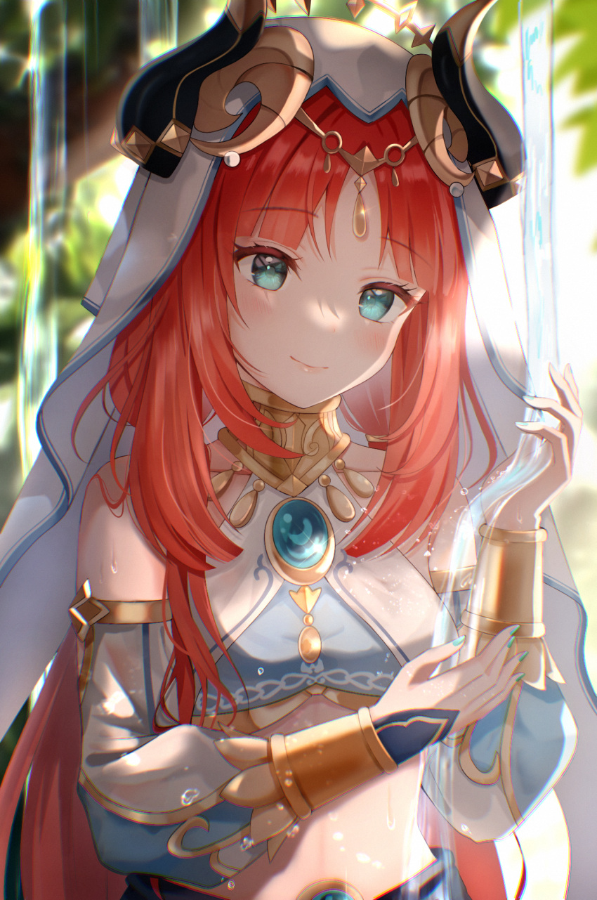 1girl aqua_eyes bangs blurry blurry_background branch closed_mouth dancer detached_sleeves fake_horns forehead_jewel genshin_impact gold_trim harem_outfit highres horns leaf long_hair low_twintails midriff nasii nilou_(genshin_impact) parted_bangs pouring red_hair smile solo twintails upper_body veil water wet