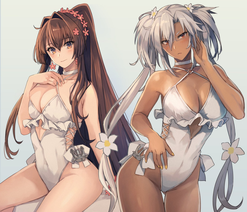 2girls anchor bangs bare_arms bare_legs bare_shoulders blush breasts brown_eyes brown_hair choker cleavage closed_mouth clothing_cutout collarbone cosplay cowboy_shot dark-skinned_female dark_skin earrings flower flower_earrings frilled_swimsuit frills grey_background hair_between_eyes hair_flower hair_intakes hair_ornament hand_up high_ponytail highres jewelry kantai_collection kasumi_(skchkko) large_breasts light_blush long_hair looking_at_viewer multiple_girls musashi_(kancolle) one-piece_swimsuit red_eyes sagiri_(kancolle) sagiri_(kancolle)_(cosplay) sitting swimsuit thighs very_long_hair white_flower white_hair white_swimsuit yamato_(kancolle)