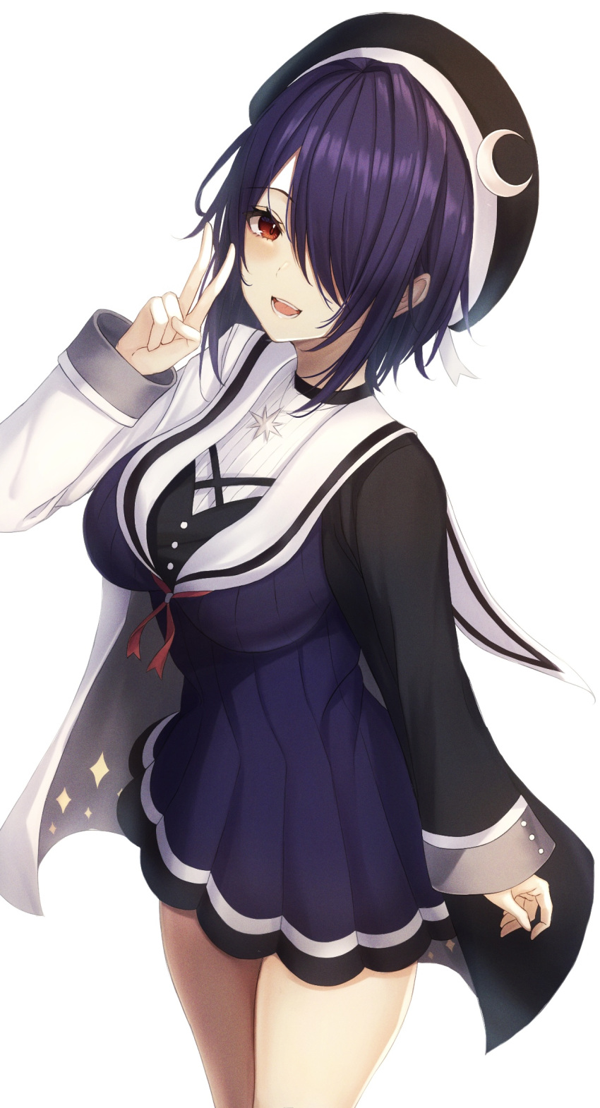 .me 1girl aogiri_koukou_game_club black_headwear breasts commentary_request hair_over_one_eye hat highres large_breasts long_sleeves looking_at_viewer open_mouth otodama_tamako purple_hair red_eyes school_uniform short_hair simple_background smile solo standing thighs v virtual_youtuber white_background