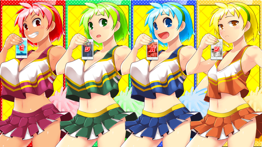 4girls :&lt; :d bangs bishi_bashi_(series) bishi_bashi_channel blonde_hair blue_eyes blue_hair blue_nails blue_skirt blush breasts brown_eyes cellphone cheerleader cheerleader_blue cheerleader_green cheerleader_red cheerleader_yellow cleavage closed_mouth comiket_94 commentary_request cowboy_shot crop_top expressionless green_eyes green_hair green_hairband green_nails green_skirt grin hairband highres holding holding_phone large_breasts looking_at_viewer midriff miniskirt multiple_girls navel open_mouth orange_shirt orange_skirt osamu_yagi phone pink_hair pink_hairband pink_nails red_eyes red_skirt shirt short_hair skirt smartphone smile textless_version translation_request white_shirt yellow_hairband yellow_nails