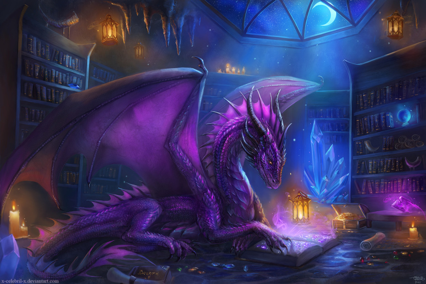 2022 ambiguous_gender claws detailed_background digital_media_(artwork) dragon feral hi_res horn inside membrane_(anatomy) membranous_wings moon night purple_body purple_scales scales scalie sky smile solo spines star starry_sky western_dragon wings x-celebril-x