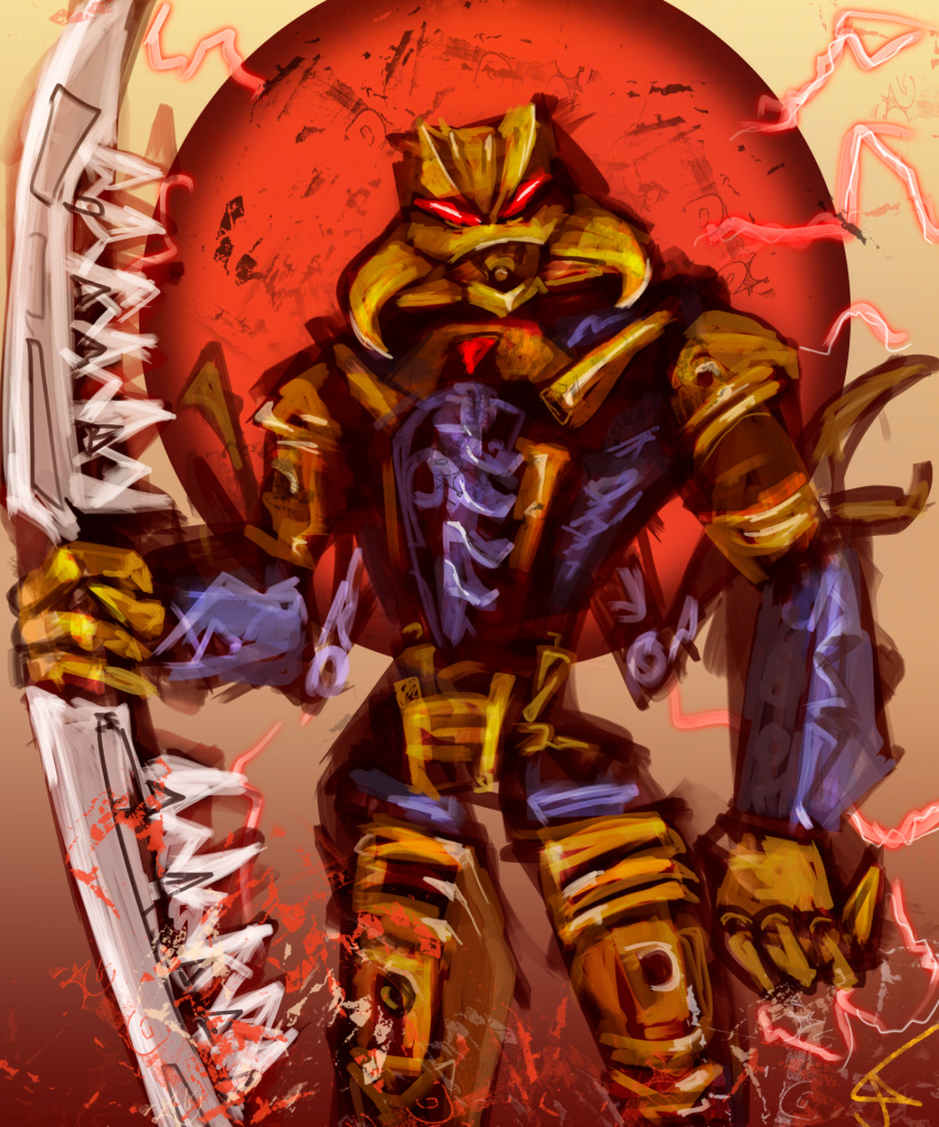 2022 ambiguous_gender armor bionicle blue_body brutaka clawed_fingers claws colored_sketch digital_drawing_(artwork) digital_media_(artwork) electricity fingers gold_body headgear hi_res holding_object holding_weapon humanoid lego looking_at_viewer machine mask melee_weapon metallic_body mouthless multicolored_body not_furry pavelppp red_eyes robot simple_background sketch solo sparks spikes standing sword two_tone_body weapon