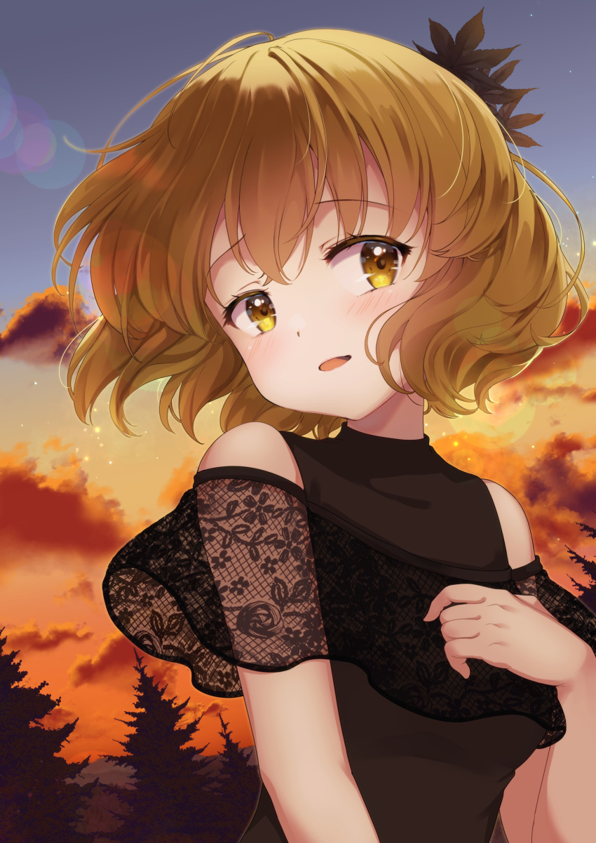 1girl aki_shizuha alternate_costume bangs bare_shoulders black_shirt blonde_hair blush cloud cloudy_sky commentary gradient_sky grey_sky hair_ornament hand_on_own_chest highres iris_anemone lace leaf_hair_ornament light_particles looking_at_viewer medium_hair nature open_mouth orange_sky raised_eyebrows shirt sky sleeveless sleeveless_shirt solo touhou tree upper_body yellow_eyes