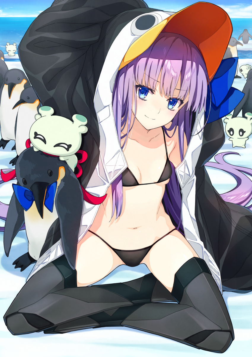 1girl animal_hood bangs bare_shoulders bikini bird black_bikini black_jacket blue_bow blue_eyes blush bow breasts choker collarbone fate/grand_order fate_(series) highres hood hood_up jacket kon_(fate) long_hair long_sleeves looking_at_viewer meltryllis_(fate) meltryllis_(swimsuit_lancer)_(fate) navel penguin penguin_hood prosthesis prosthetic_leg purple_hair saipaco sitting sleeves_past_fingers sleeves_past_wrists small_breasts smile swimsuit very_long_hair