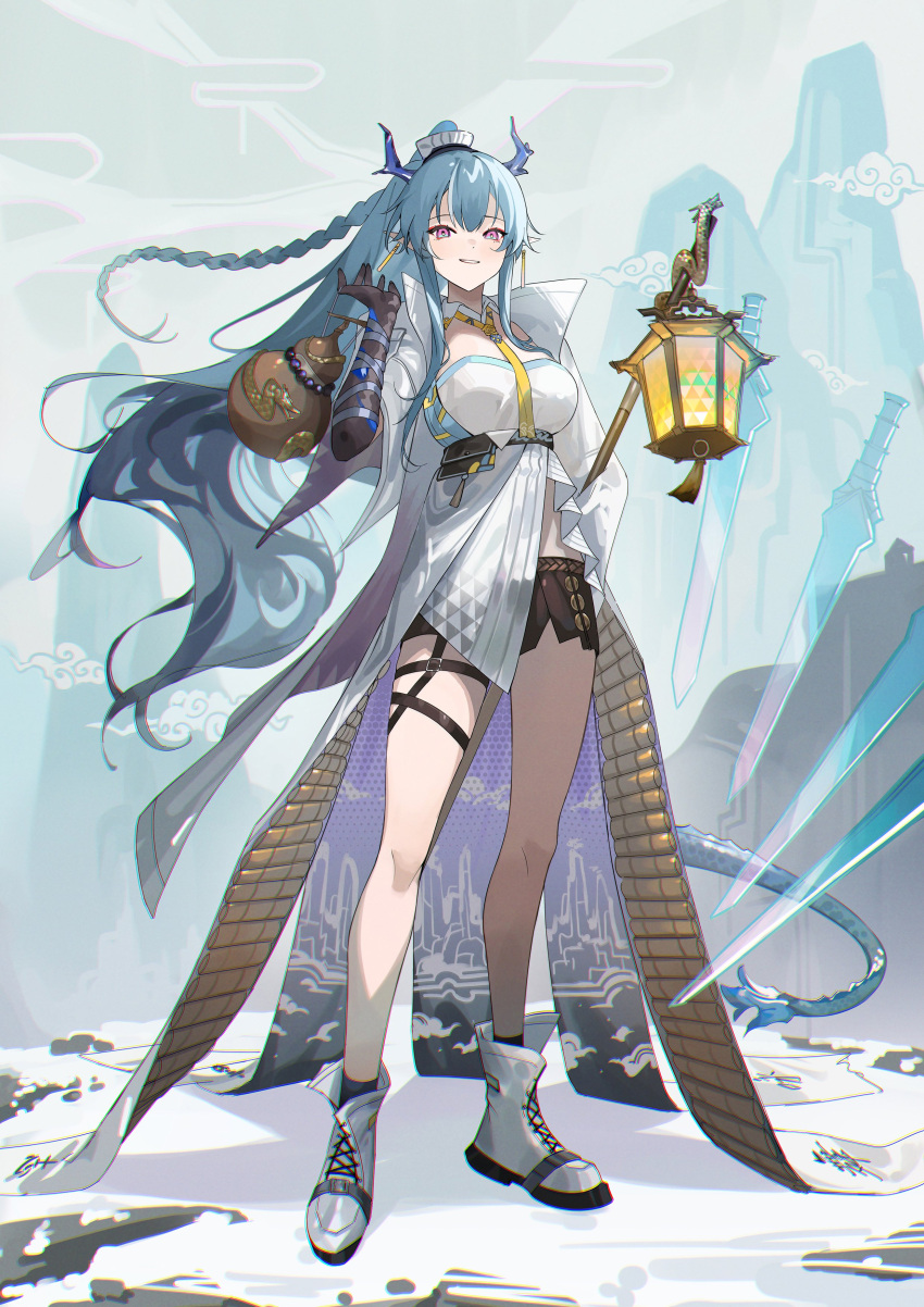 1girl absurdres arknights bangs blue_eyes blue_hair braid breasts dragon_horns earrings gloves highres holding horns jewelry krin large_breasts ling_(arknights) long_hair looking_at_viewer multicolored_hair necktie open_clothes pointy_ears shorts smile solo tail very_long_hair yellow_necktie