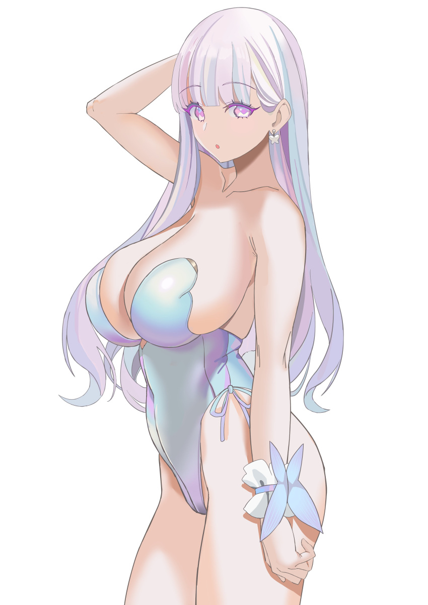 1girl :o absurdres arm_up azur_lane breasts cleavage cowboy_shot earrings highres jewelry large_breasts leotard looking_at_viewer pink_eyes plymouth_(azur_lane) purple_eyes purple_hair solo thick_thighs thighs tnr_(horiko1525) white_hair wristband