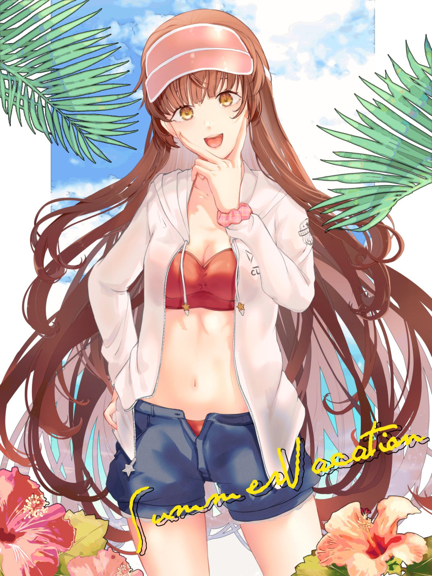 1girl bangs bikini bikini_under_clothes blue_shorts blunt_bangs brown_hair cowboy_shot green_eyes helena_(kancolle) highres hood hooded_jacket hoodie jacket kantai_collection kouga_(mutsumi) long_hair official_alternate_costume open_fly pink_headwear red_bikini scrunchie shorts solo swimsuit swimsuit_under_clothes visor_cap white_jacket