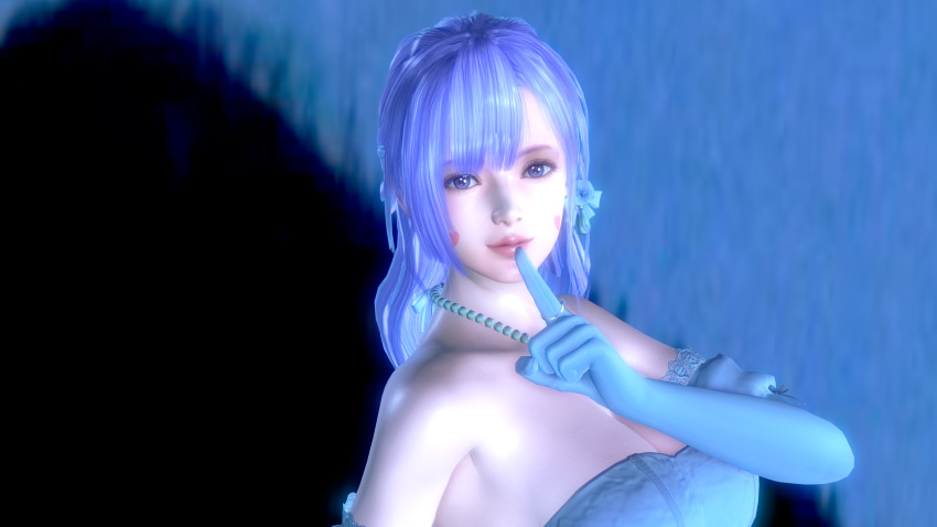 1girl 3d absurdres arthuromanko blue_gloves blush blush_stickers collar dead_or_alive finger_to_mouth fiona_(doa) gloves highres lipgloss lipstick long_hair looking_at_viewer makeup pink_lips purple_eyes purple_hair ribbon solo