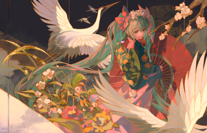 1girl absurdres animal bangs bird black_background black_jacket bow branch checkered_clothes crane_(animal) floating_hair floral_print flower from_behind from_side green_hair hair_bow hair_flower hair_ornament haori hatsune_miku highres hlymoriia holding holding_umbrella jacket japanese_clothes kimono long_hair long_sleeves looking_away looking_to_the_side obi oil-paper_umbrella parted_lips pink_bow pink_kimono red-crowned_crane red_flower sash standing twintails umbrella very_long_hair vocaloid