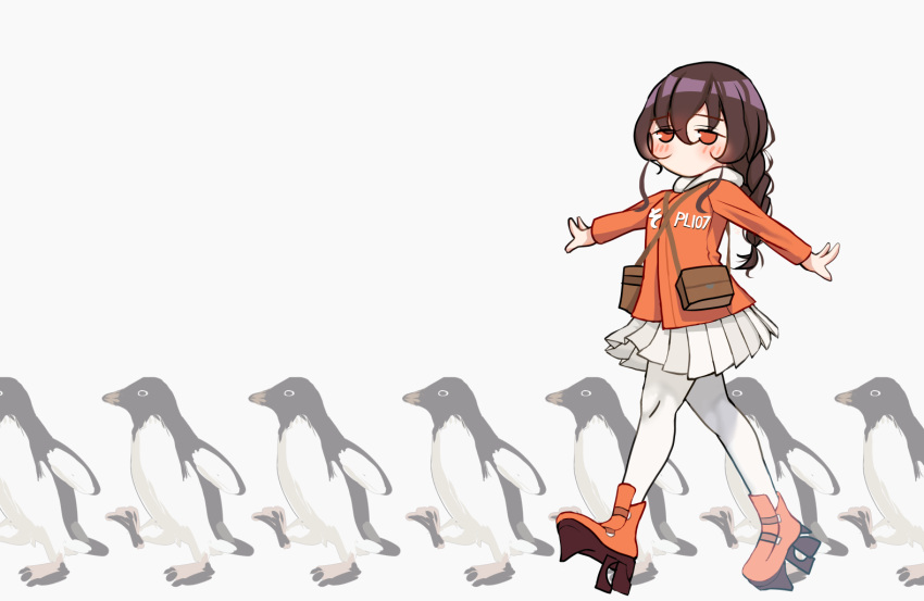 1girl bag bird braid brown_hair hood hood_down hooded_jacket jacket kantai_collection long_hair long_sleeves messenger_bag miniskirt nagisa_nagi orange_eyes orange_footwear orange_jacket pantyhose penguin pleated_skirt rudder_footwear shoulder_bag single_braid skirt souya_(kancolle) souya_agb_(kancolle) walking white_hood white_pantyhose white_skirt