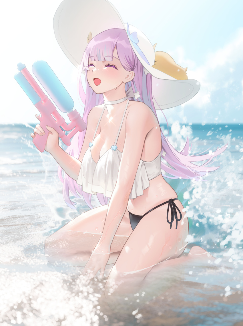 1girl absurdres azur_lane bare_arms bare_legs bare_shoulders barefoot bikini bikini_bottom_only black_bikini blue_sky blush breasts choker cirilla_lin cleavage closed_eyes crop_top crop_top_overhang day frilled_shirt frills full_body happy highres holding holding_water_gun large_breasts laughing midriff outdoors plymouth_(azur_lane) shallow_water shirt sitting sky solo spaghetti_strap stomach string_bikini swimsuit wariza water water_gun wet white_choker white_headwear