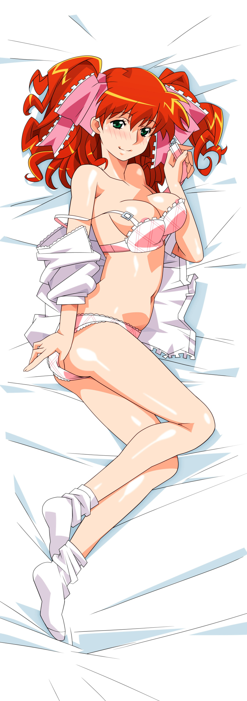 1girl absurdres areola_slip asahina_yurina bed_sheet blush breasts full_body green_eyes hair_ribbon highres large_breasts long_hair looking_at_viewer lying navel non-web_source off_shoulder official_art on_side red_hair ribbon shiny shiny_skin smile solo strap_slip super_real_mahjong tanaka_ryou twintails underwear underwear_only