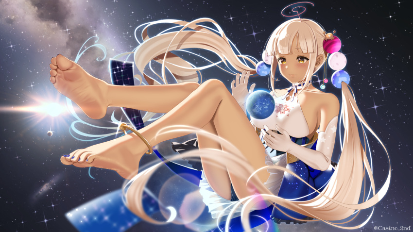 1girl anklet bangs bare_shoulders barefoot blue_nails blush breasts casino_(casinoep) closed_mouth dress earth_(planet) elbow_gloves feet full_body gloves highres hololive hololive_english jewelry kaniko_(tsukumo_sana) large_breasts light_brown_hair limiter_(tsukumo_sana) long_hair looking_away nail_polish planet sideboob soles solo space star_(sky) toenail_polish toenails toes tsukumo_sana twintails twitter_username very_long_hair virtual_youtuber white_dress white_gloves yellow_eyes