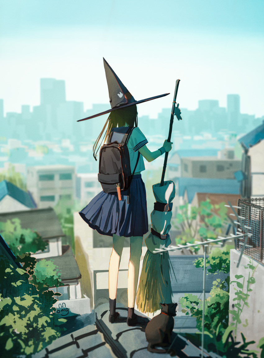 1girl absurdres backpack bag black_headwear black_socks blue_sailor_collar blue_skirt blurry blurry_background broom brown_hair building charm_(object) city cityscape commentary_request day eri96 from_behind hat highres holding holding_broom house long_hair original outdoors sailor_collar scenery school_uniform serafuku short_sleeves skirt sky socks solo witch witch_hat