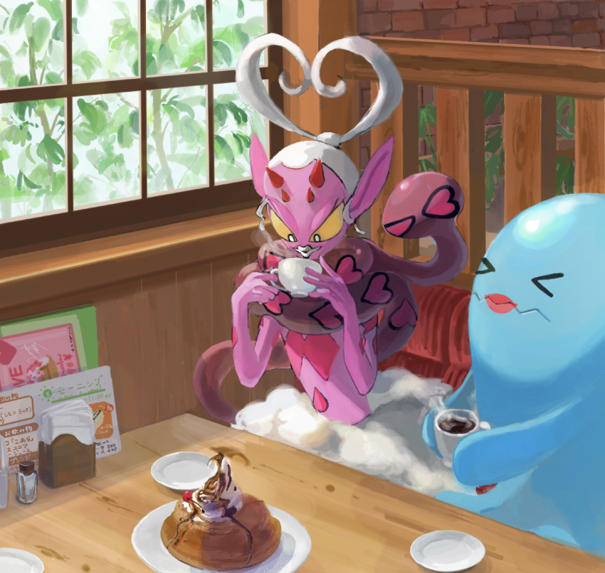 &gt;_&lt; black_eyes bright_pupils closed_eyes colored_sclera commentary_request cup enamorus enamorus_(incarnate) food highres holding holding_cup indoors koala_0l lipstick looking_down makeup plant plate pokemon steam table white_pupils window wobbuffet yellow_sclera