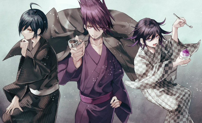 3boys ahoge alternate_costume back_hair bangs black_kimono brown_eyes checkered_clothes checkered_kimono collarbone danganronpa_(series) danganronpa_v3:_killing_harmony flipped_hair food gradient gradient_background grey_background grey_kimono grin hair_between_eyes hand_on_hip hand_up holding holding_smoking_pipe holding_spoon ice_cream jacket jacket_on_shoulders japanese_clothes kimono long_sleeves momota_kaito multiple_boys obi open_mouth ouma_kokichi pink_eyes purple_kimono saihara_shuuichi sakuyu sash shiny shiny_hair smile smoking_pipe spoon striped striped_kimono teeth thinking tongue upper_teeth wide_sleeves