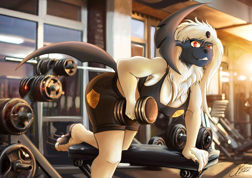 2022 absol anthro anthrofied bottomwear breasts clothing detailed_background dumbbell exercise female fur gym hi_res inside james_corck nintendo pok&eacute;mon pok&eacute;mon_(species) police_officer shorts solo teeth video_games weightlifting weights white_body white_fur workout