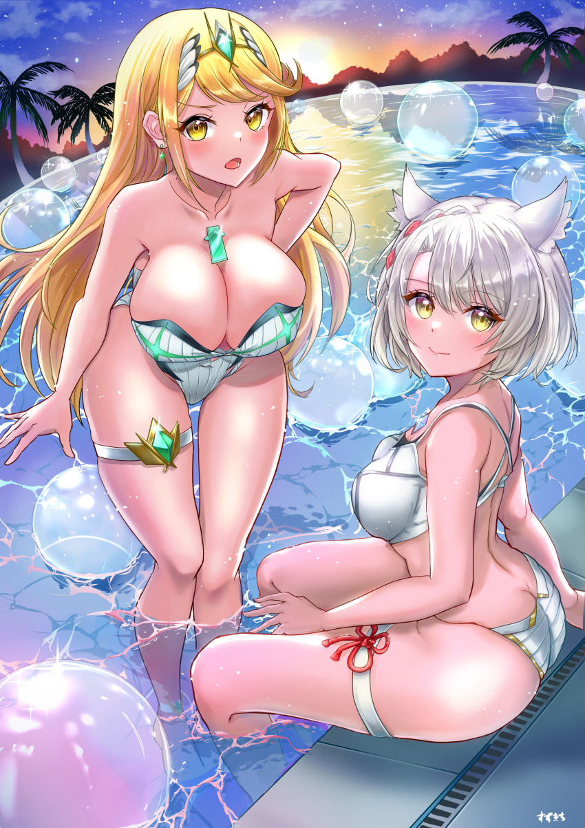 2girls absurdres bangs blonde_hair breasts chest_jewel gem headpiece highres large_breasts long_hair mio_(xenoblade) multiple_girls mythra_(radiant_beach)_(xenoblade) mythra_(xenoblade) one-piece_swimsuit pool ribbed_swimsuit strapless strapless_swimsuit striped striped_swimsuit suzukichi_(user_pwmc7427) swept_bangs swimsuit tiara two-tone_swimsuit vertical-striped_swimsuit vertical_stripes very_long_hair white_swimsuit xenoblade_chronicles_(series) xenoblade_chronicles_2 xenoblade_chronicles_3 yellow_eyes