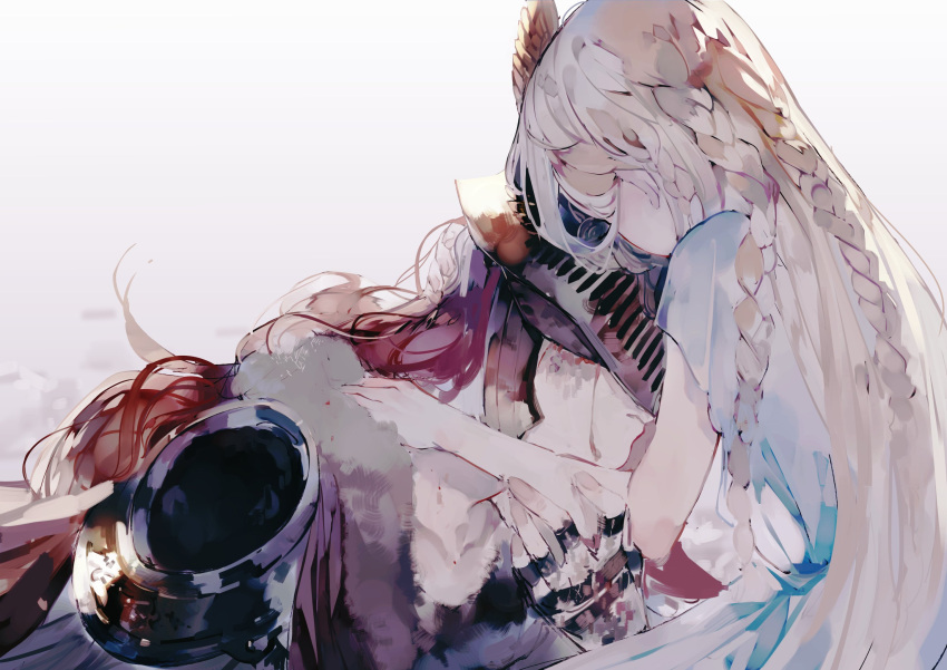 1boy 1girl armor blonde_hair brother_and_sister cape closed_mouth covered_eyes dress elden_ring helmet highres holding hug long_hair malenia_blade_of_miquella mechanical_arms miquella_(elden_ring) otoko_no_ko prosthesis prosthetic_arm red_cape red_hair siblings simple_background single_mechanical_arm syokuuuuuuuuumura twins very_long_hair winged_helmet