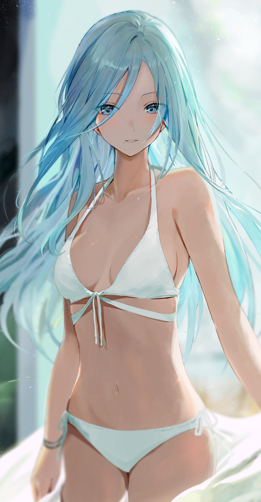 1girl absurdres bangs bare_arms bare_shoulders bikini blue_eyes blurry breasts cleavage cowboy_shot front-tie_top hair_between_eyes halter_top halterneck highres hinomori_shizuku light_blue_hair long_hair looking_at_viewer medium_breasts mole mole_under_mouth navel parted_bangs parted_lips project_sekai side-tie_bikini sidelocks smile solo stomach swimsuit tomura2maru white_bikini wristband