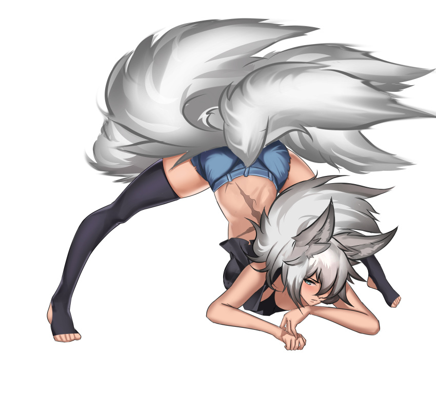absurdres ainemswork_(artist) animal_ears barefoot breasts denim denim_shorts fox_ears fox_tail highres jack-o'_challenge kitsune large_breasts long_hair looking_at_viewer mithra_tsukiaki_(vtuber) multiple_tails non-web_source original scar scar_on_back shorts tail thighhighs virtual_youtuber