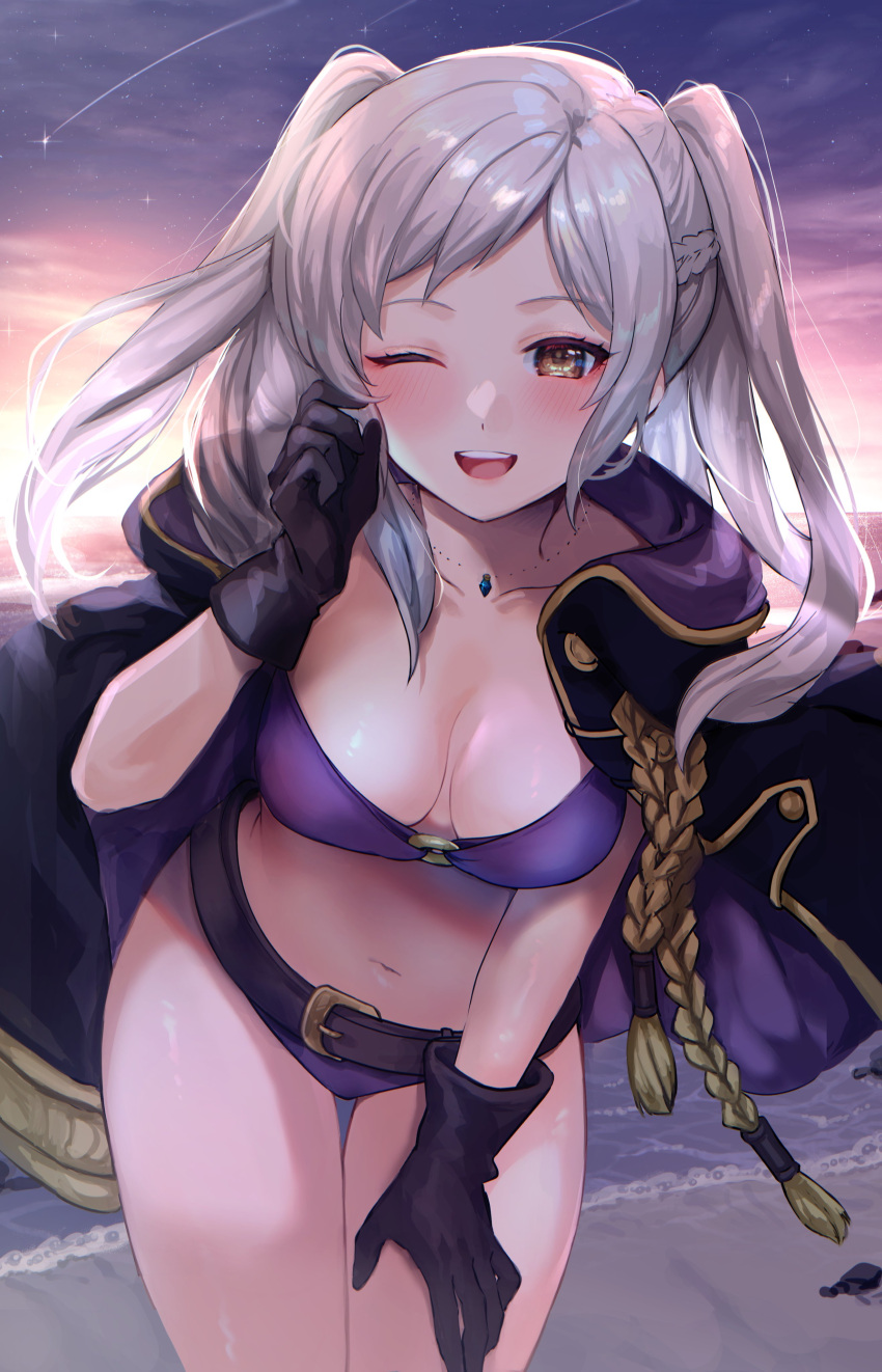 1girl ;d absurdres alternate_costume asada_sadao bangs beach belt belt_buckle bikini black_gloves blush breasts brown_belt brown_eyes buckle cleavage cloak collarbone commentary_request fire_emblem fire_emblem_awakening fire_emblem_heroes gloves highres hood hood_down hooded_cloak jewelry long_hair looking_at_viewer medium_breasts navel o-ring o-ring_bikini official_alternate_costume one_eye_closed open_mouth outdoors purple_bikini purple_swimsuit robin_(fire_emblem) robin_(fire_emblem)_(female) sand smile solo swept_bangs swimsuit teeth twintails upper_teeth water white_hair