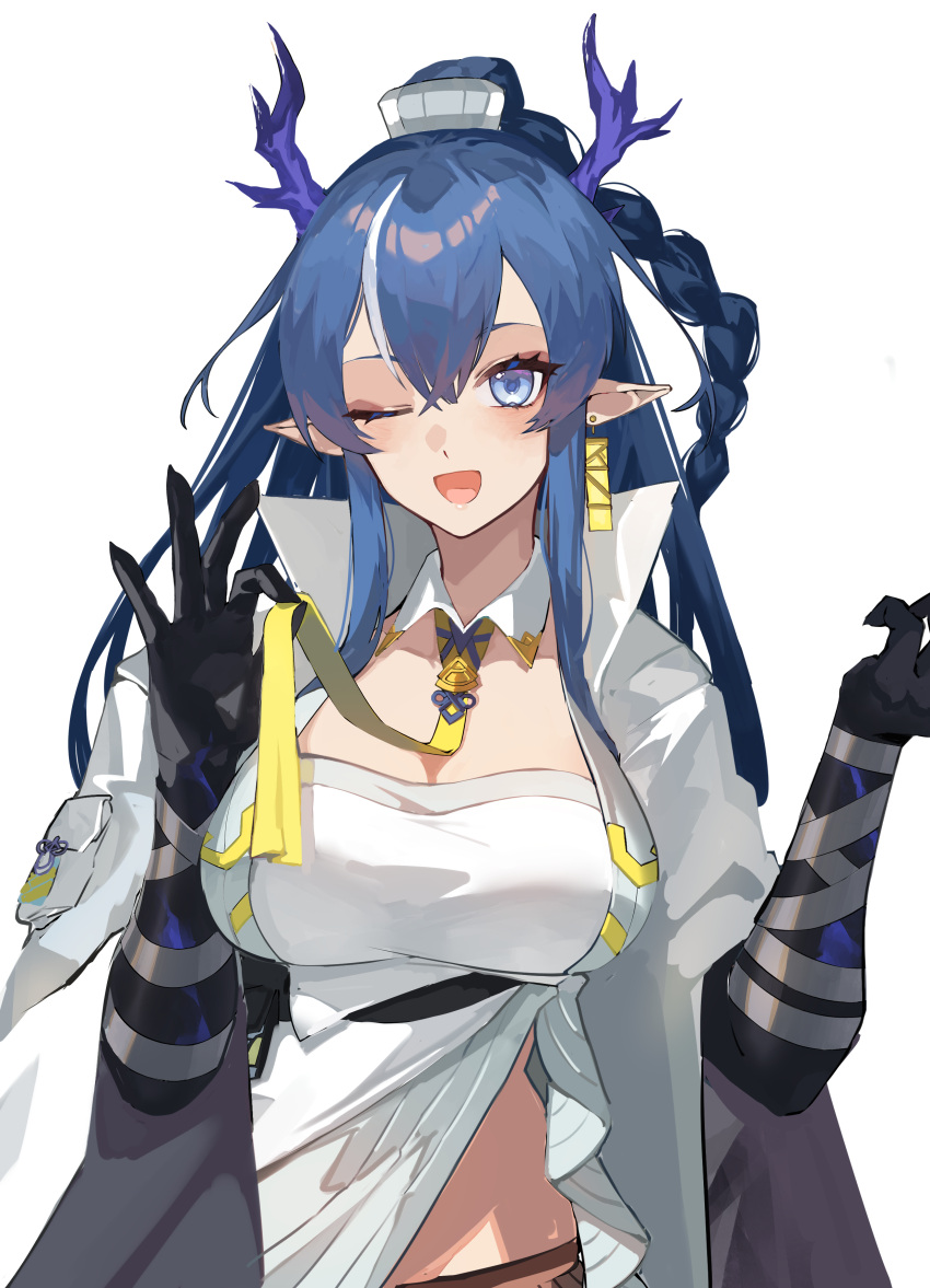 1girl ;d absurdres arknights bangs black_gloves blue_eyes blue_hair braid breasts cleavage coat detached_collar dragon_horns elbow_gloves gloves hati105 highres holding horns large_breasts ling_(arknights) long_hair long_sleeves looking_at_viewer midriff_peek multicolored_hair necktie one_eye_closed open_clothes open_coat open_mouth shirt simple_background smile solo streaked_hair two-tone_hair upper_body very_long_hair white_background white_coat white_hair white_shirt wide_sleeves yellow_necktie