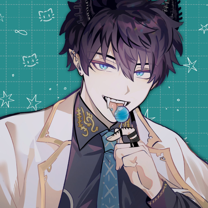 1boy biiji black_hair blue_background blue_eyes candy eating fangs food highres holding holding_food horns jewelry lollipop long_sleeves looking_at_viewer male_focus necktie nijisanji nijisanji_en open_mouth pointy_ears ren_zotto ring short_hair solo tongue tongue_out