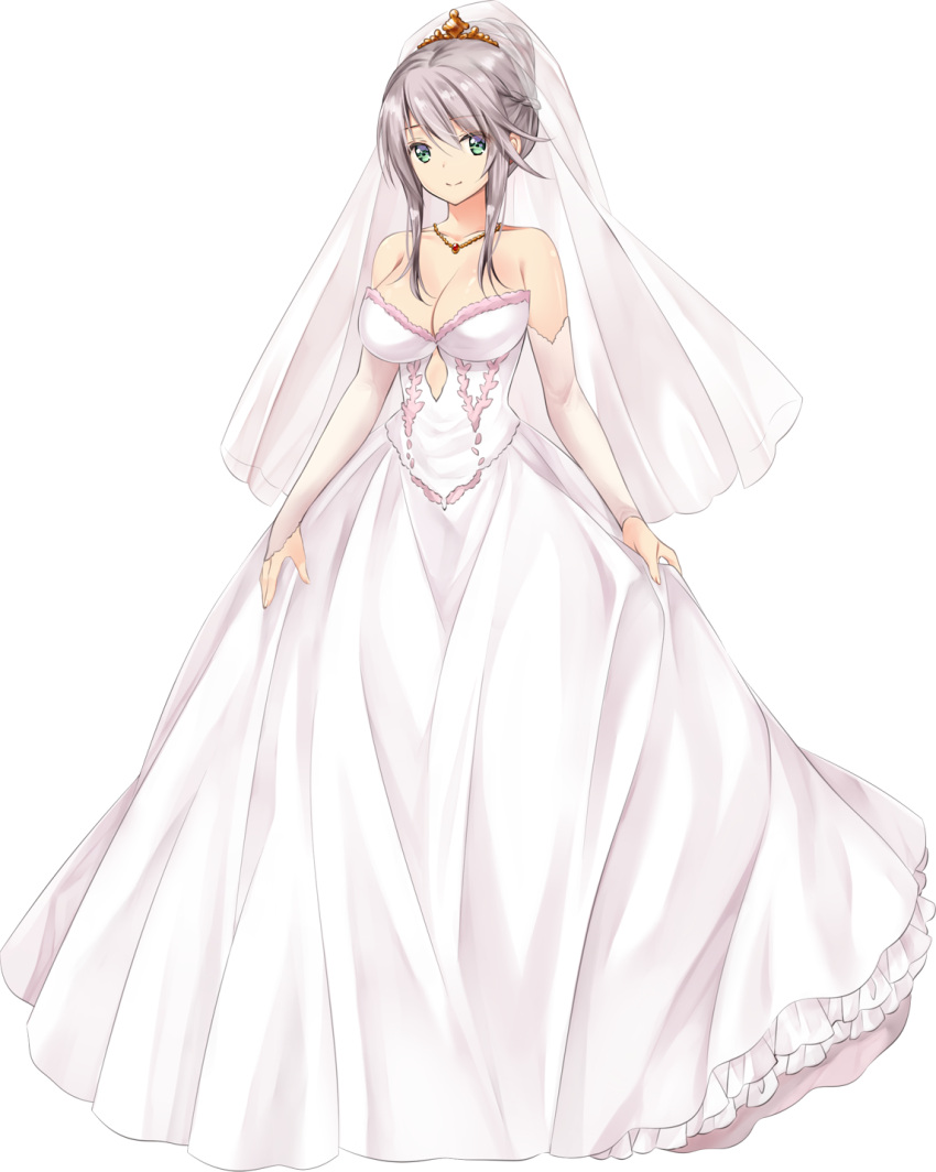 1girl artwhirl_mahou_gakuen_no_otome-tachi bridal_veil ceres_(artwhirl) collarbone detached_sleeves diadem dress full_body highres jewelry long_dress long_sleeves looking_at_viewer necklace shiny shiny_hair short_hair_with_long_locks sidelocks skirt_hold solo standing strapless strapless_dress tachi-e transparent_background veil wedding_dress white_dress white_hair white_sleeves zinno