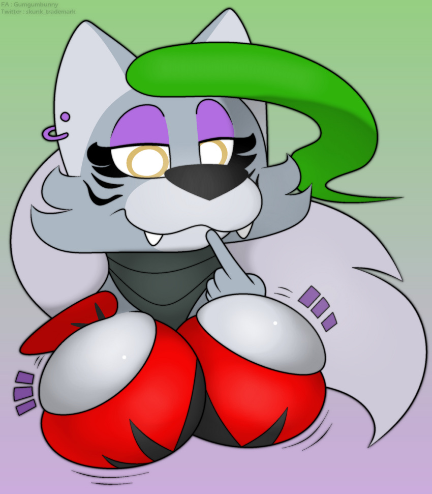 animatronic anthro big_breasts breasts canid canine canis clothed clothing digital_media_(artwork) ear_piercing female five_nights_at_freddy's five_nights_at_freddy's:_security_breach foxball hair happy hi_res looking_at_viewer lying machine mammal on_front piercing robot roxanne_wolf_(fnaf) scottgames simple_background smile solo video_games wolf
