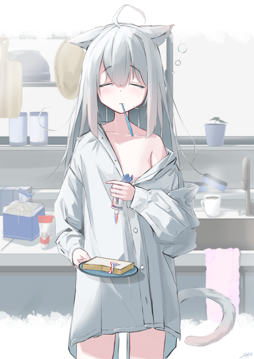 1girl absurdres ahoge animal_ears bag bangs blush borrowed_garments bowl bread_slice cat_ears cat_girl cat_tail celia_1315 closed_eyes coffee_mug counter cup cutting_board failure frying_pan grey_hair highres holding holding_plate indoors kitchen long_hair long_sleeves mouth_hold mug naked_shirt off_shoulder original oversized_clothes plant plastic_bag plate potted_plant shirt sink sleep_bubble sleepy solo sponge steam tail tearing_up toothbrush_in_mouth toothpaste you're_doing_it_wrong